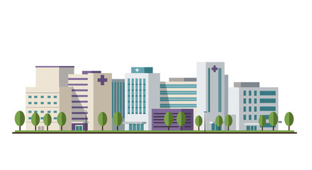 Modern healthcare cityscape with hospital buildings and trees
