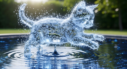 A translucent kitten made of water leaps over a small, reflective pool, creating splashes.