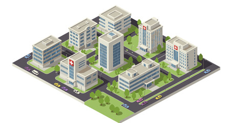 Isometric hospital complex with modern buildings and green spaces