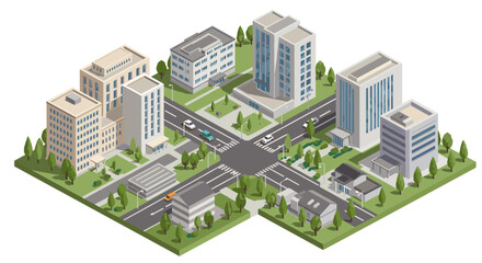 Modern isometric urban cityscape with roads and buildings