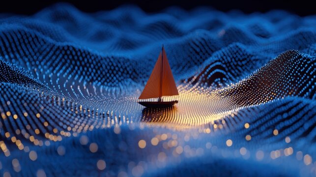A Digital Voyage: Sailboat Navigating a Sea of Point Clouds in a Futuristic Ocean Landscape