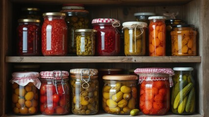 Vibrant Homemade Preserves: Colorful Jars of Pickled Vegetables, Fruits, and Berries Neatly Arranged on Rustic Wooden Pantry Shelves