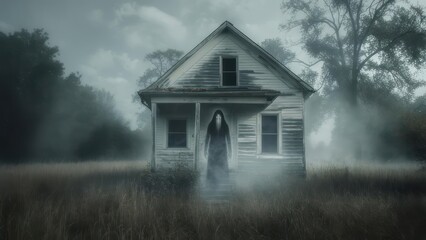 Haunted Farmhouse with Eerie Ghostly Figure in Misty Field, Evoking Supernatural Horror and Desolation