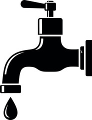Vector art of black water faucet with a single drop falling, isolated on white background transparent background