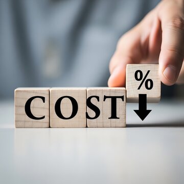 Hand placing wooden block with percentage sign and down arrow next to cost blocks