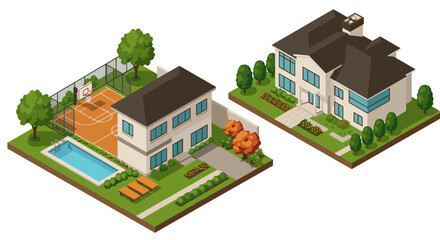 Modern suburban home with backyard pool and basketball court in isometric design