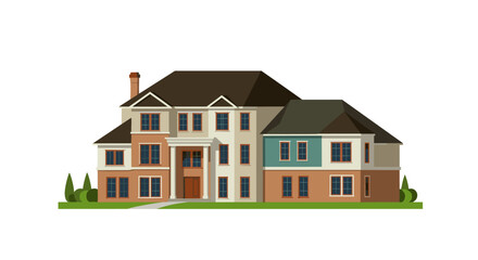 Elegant classic mansion with symmetrical design and lush greenery