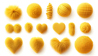Fototapeta premium Yellow fur fluffy geometric 3d shapes render icon set. Abstract fuzzy ball, heart, ring, hemisphere, triangle, spiral line, love symbol with hair texture