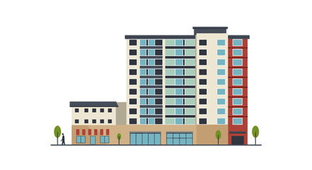 Modern urban apartment building with trees and pedestrian on white background