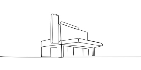 Stylized minimal line drawing of modern movie theater building with tall vertical signage