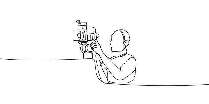 Outline of modern cameraman shooting video with professional camera, minimalist linear film concept