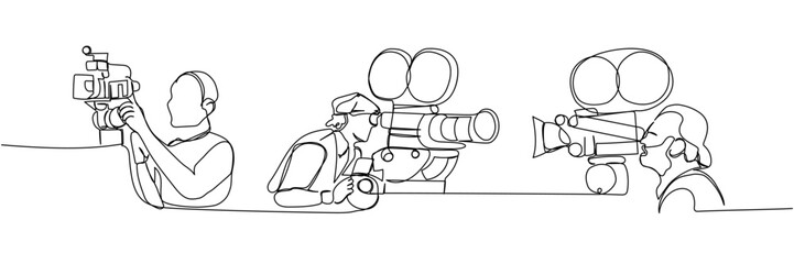 Line art of cinematographers operating vintage film cameras, minimalist continuous outline of movie crew at work