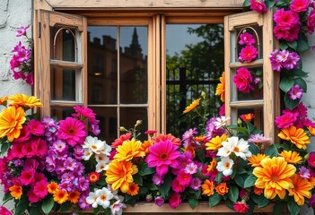 Antique window frame overflowing with vibrant blooms,  sunlight,  petals
