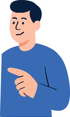 An illustrated man with dark hair wearing a blue shirt is smiling while pointing with his index finger to the right.