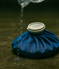 Water droplets falling from a plastic bottle onto a blue fabric ice bag placed on a dark surface, suggesting injury treatment or recovery.