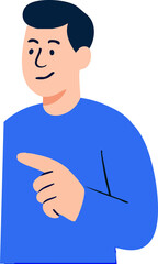 An illustrated man with dark hair wearing a blue shirt is smiling while pointing with his index finger to the right.
