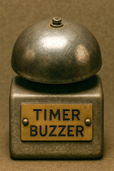 Close-up of an old metal timer buzzer with a brass label, showing a classic design and industrial texture on a neutral background.
