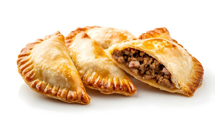 Fried baked pastry empanadas filled with ground beef cheese ham and crimped edges, isolated on white background