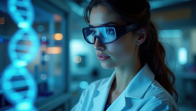 Portrait of female scientist analyzing DNA hologram in high-tech lab, ultra-realistic, with cinematic lighting and futuristic details. - Powered by Adobe