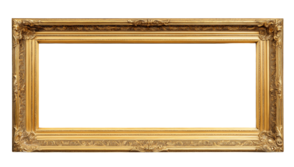 Golden vintage picture frame with a blank white background, isolated on white. Detailed illustrations, high-resolution, professional photograph, very sharp focus, hyper-detailed, intricate details, 