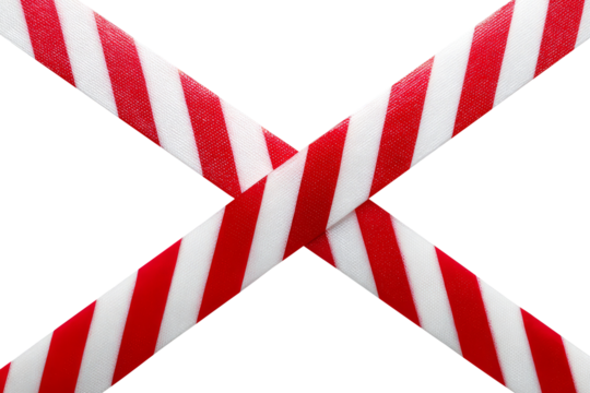 Red and white diagonal striped barrier tape crossed isolated on transparent background
