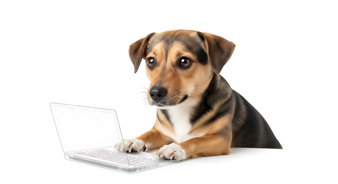 Cute dog using a laptop isolated on transparent background