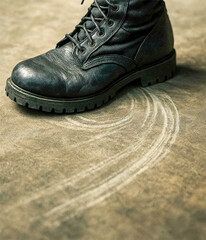 Close-up of a black leather boot creating a curved drag mark on a dusty floor, suggesting movement, action, or tension in a gritty environment.