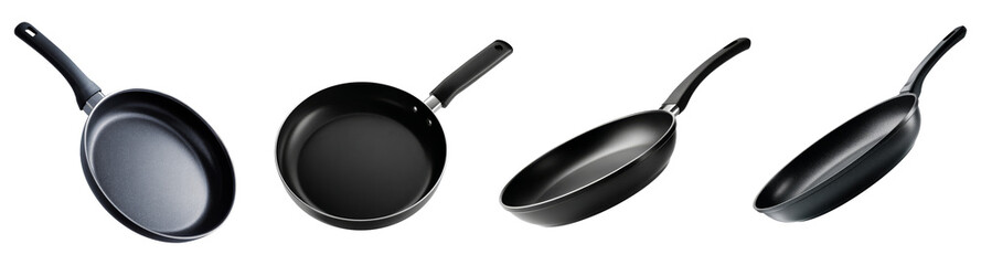 Set of black nonstick frying pans isolated on transparent background