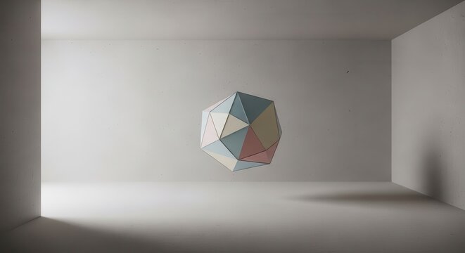 Abstract Geometric Polyhedron Floating in Minimalist Concrete Room