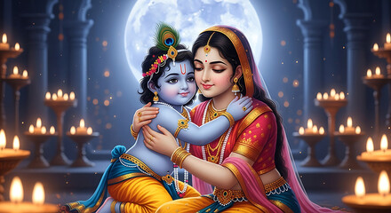 Mother and baby Krishna embracing under full moon with diyas