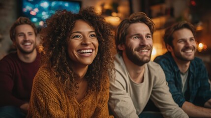 Fototapeta premium Group of Friends Enjoying Time Together at Home Watching TV