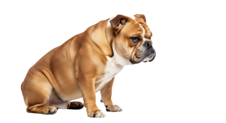 A cute bulldog is sitting down and looking to the side isolated on transparent background