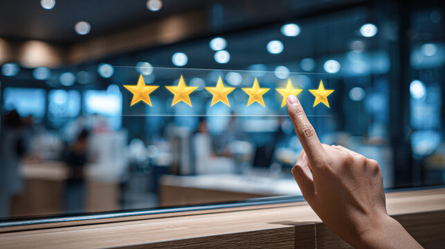 A hand touches a holographic display of six yellow stars, indicating a rating in a modern, stylish environment filled with blurred lights.