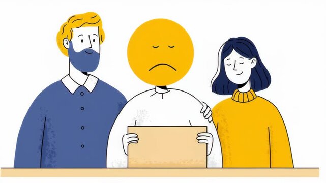 Cartoon Illustration of Two Supportive Friends Helping a Job Seeker with a Sad Expression