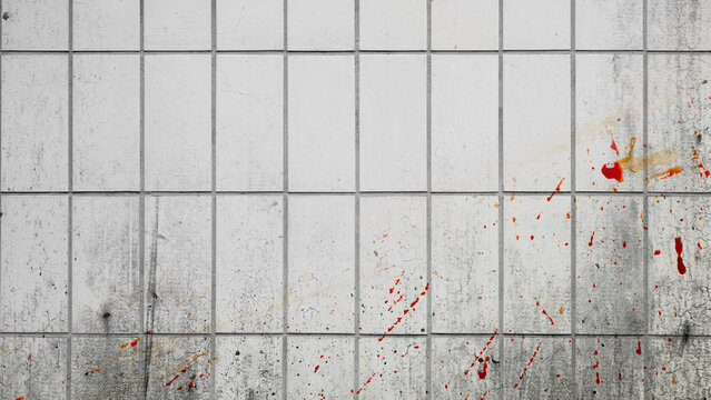 Splatters of blood drops, blood splashes, or blood spots on the tile wall background. Concept of Halloween
