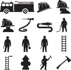 Firefighter Equipment Silhouette Collection Truck Helmet Hose Ladder Axe Hydrant fire truck fire engine
