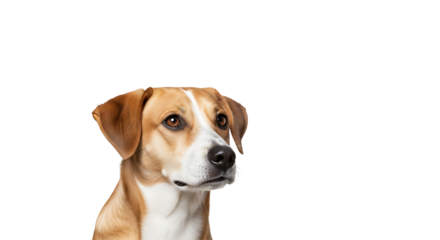 A cute dog is looking to the side with its ears perked up isolated on transparent background