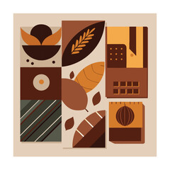 Abstract geometric autumn still life with botanical leaves and organic shapes in a modern, flat art style.

