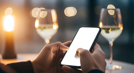 Elegant Dinner Reservation App Mockup Smartphone White Screen Luxury Restaurant Background Wine Glasses