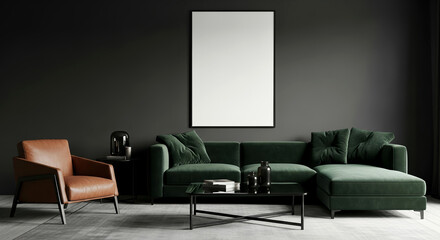 Dark Interior with a Green Velvet Sofa and Blank Art Frame Mockup