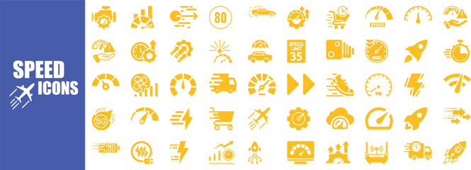 Assortment of yellow speed and performance icons on a blue icon set.Solid icons vector collection. background velocity fast