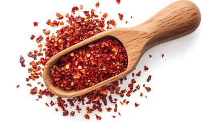 Spicy chili red pepper flakes, chopped, milled dry paprika pile in wooden sppon isolated on white, top view