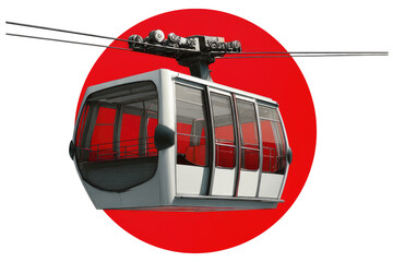 Cable car cabin against a red circle.  Modern, light gray cabin with red interior, suspended from cables.  Simple, geometric design