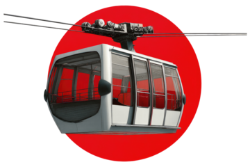 Cable car cabin against a red circle.  Modern, light gray cabin with red interior, suspended from cables.  Simple, geometric design