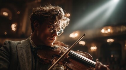 Fototapeta premium Elegant Musician Playing Violin in Vintage Concert Hall Setting