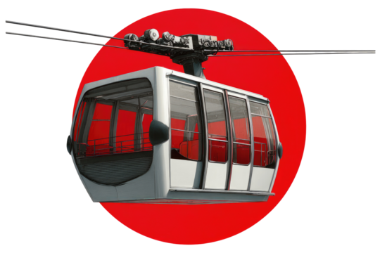 Cable car cabin against a red circle.  Modern, light gray cabin with red interior, suspended from cables.  Simple, geometric design