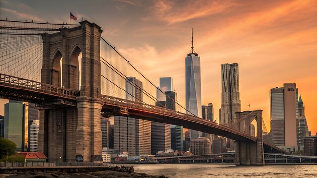 Fototapeta Brooklyn bridge and manhattan skyline at sunset in new york city