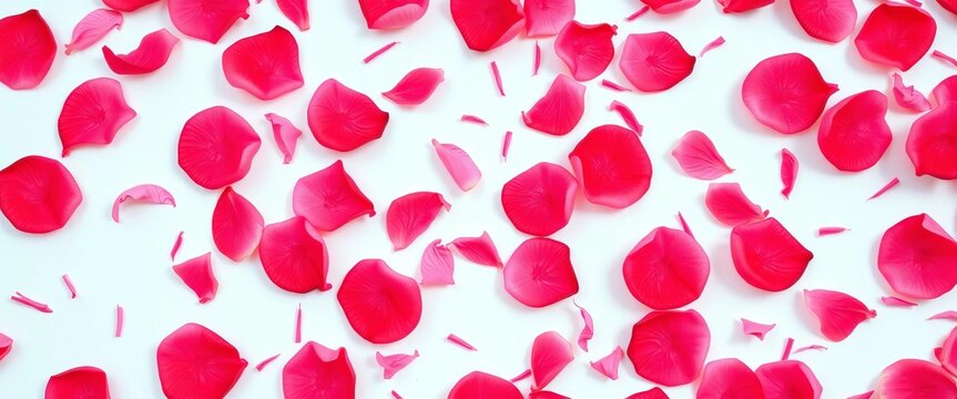 Vibrant pink and red candied rose petals, scattered on white background, candied rose petals, culinary