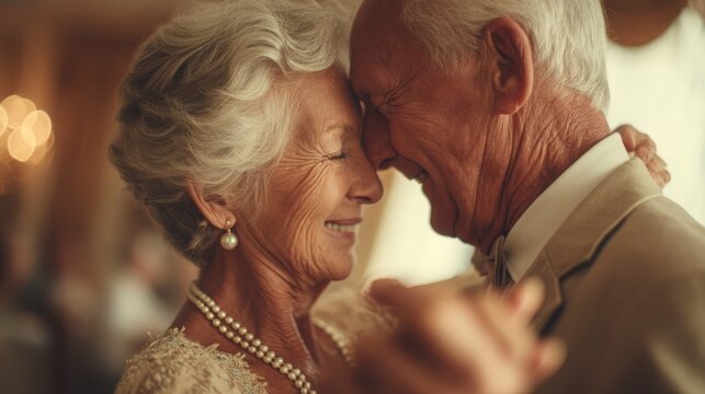 Joyful elderly couple dancing together at a romantic event indoors