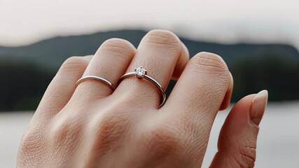 Elegant rings displayed on a hand near a tranquil water body reflect moments of love, joy, and commitment in nature’s beauty